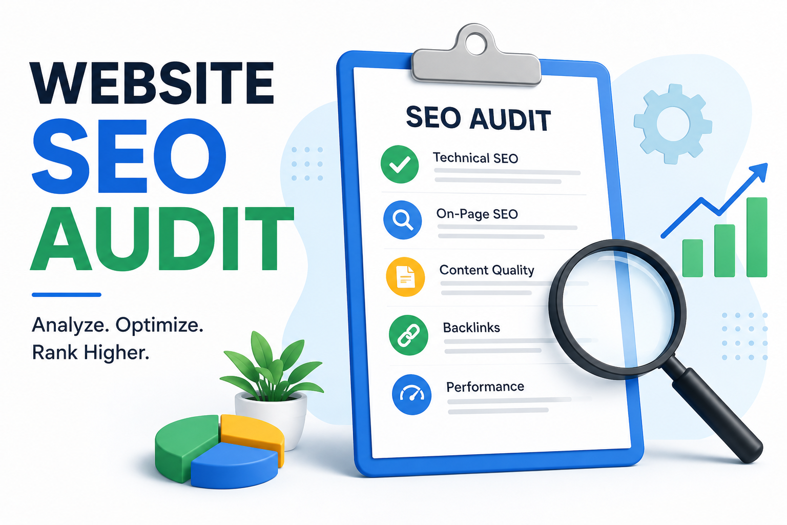 A clean and professional SEO audit illustration featuring a checklist for technical SEO, on page SEO, content quality, backlinks, and website performance, with a magnifying glass and growth chart representing website analysis and optimization.